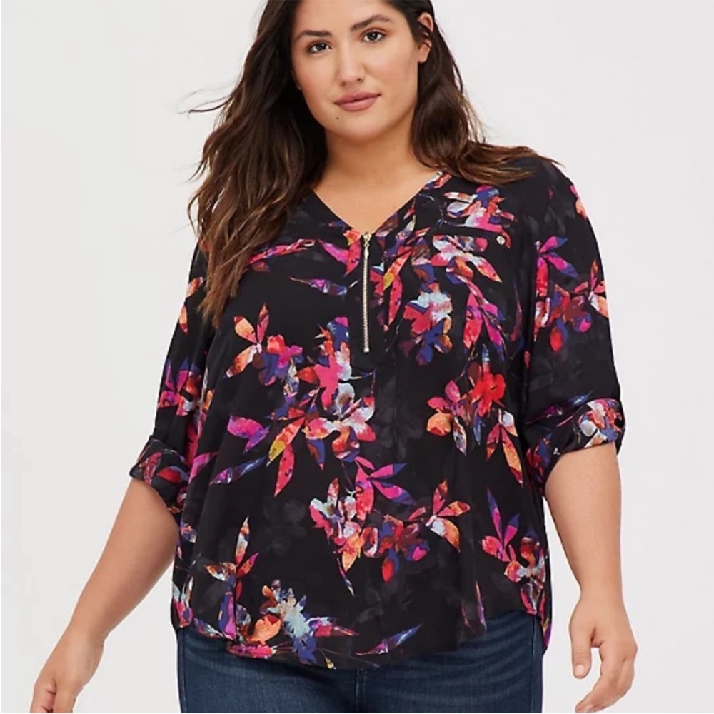 torrid Black Floral Zip-Front Blouse with Pink and Purple Accents